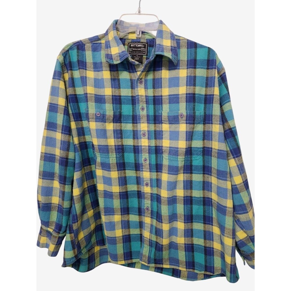 National Outfitters Blue Yellow Plaid Flannel Long Slv Button Shirt Size Large